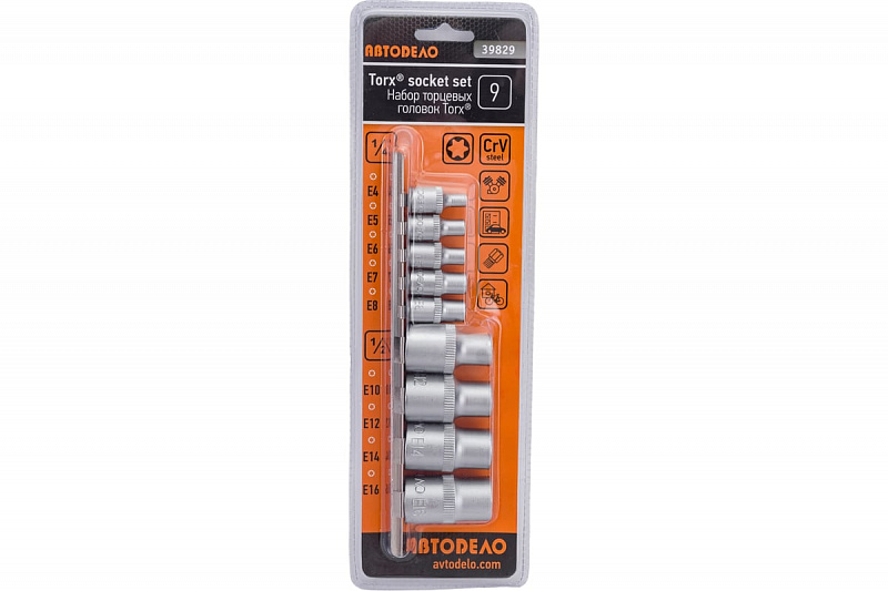 39829 Набор головок TORX E4-E16 (DR1/4"&1/2"; 9пр; планка) АвтоДело 1