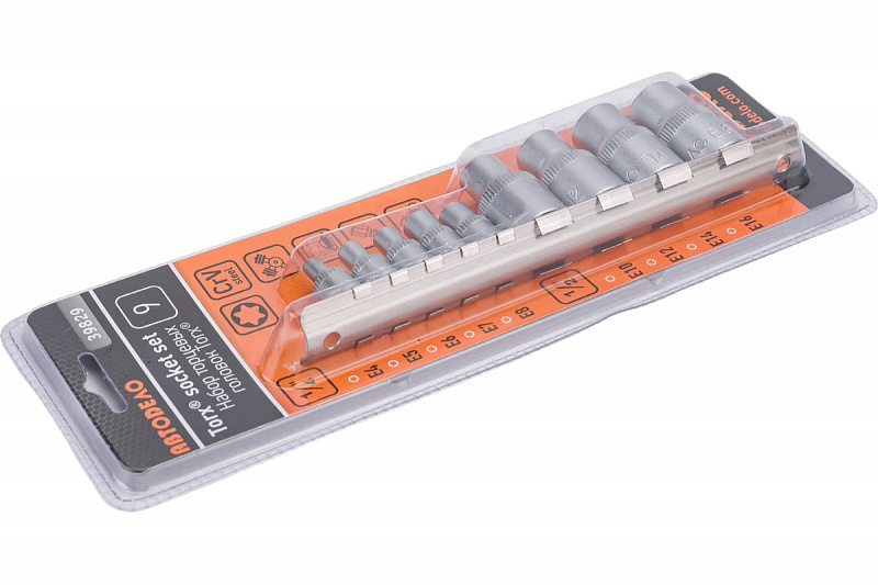 39829 Набор головок TORX E4-E16 (DR1/4"&1/2"; 9пр; планка) АвтоДело 4